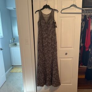 Sleeveless Floral-Embroidered Maxi Dress in Taupe